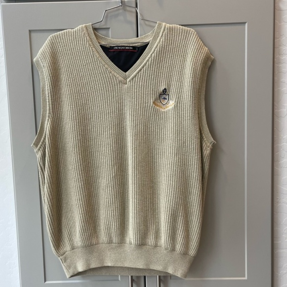 Vintage Mens Oscar Jacobson Large Cream Knit Embroidered Academia Golf Vest